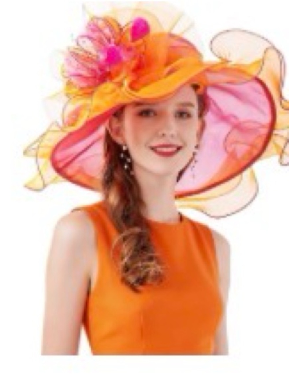 Orchid-Trim Orange and Pink Wide-Brim Dress Hat